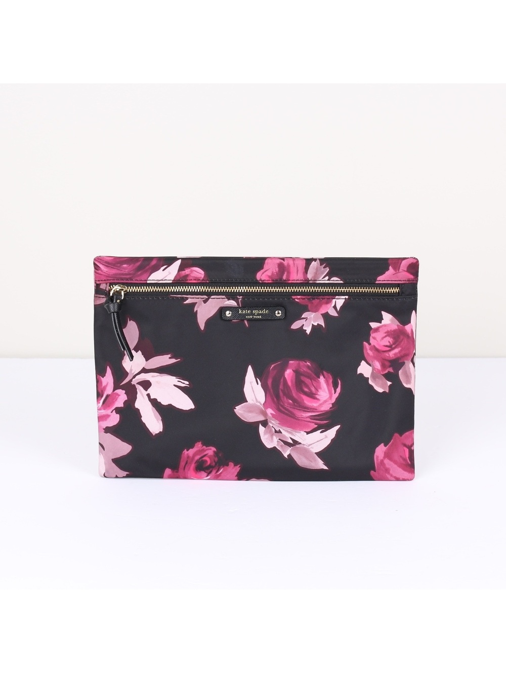 Kate Spade Black Nylon Floral Rose Print Makeup Clutch Travel Pouch